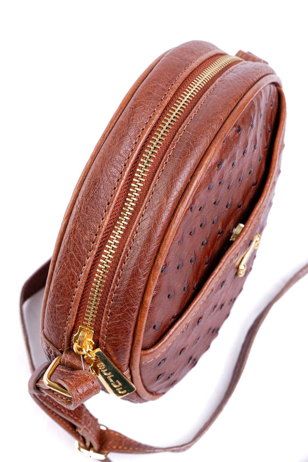 Bolsa Redonda Strut em Couro de Avestruz Cheio Caramelo DORO-004