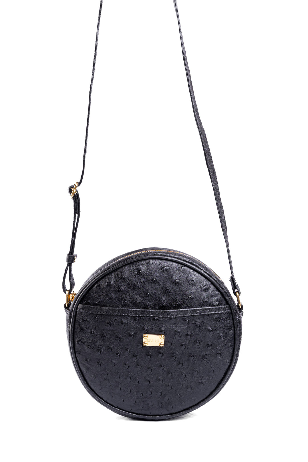 Bolsa Redonda Strut em Couro de Avestruz Cheio Preta DORO-004