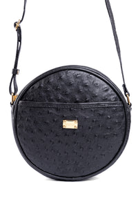 Bolsa Redonda Strut em Couro de Avestruz Cheio Preta DORO-004