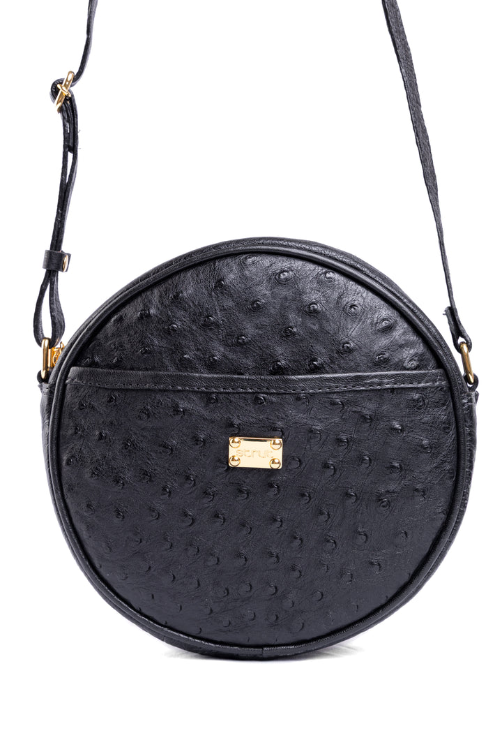Bolsa Redonda Strut em Couro de Avestruz Cheio Preta DORO-004