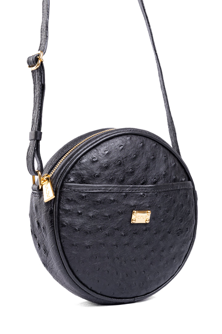 Bolsa Redonda Strut em Couro de Avestruz Cheio Preta DORO-004