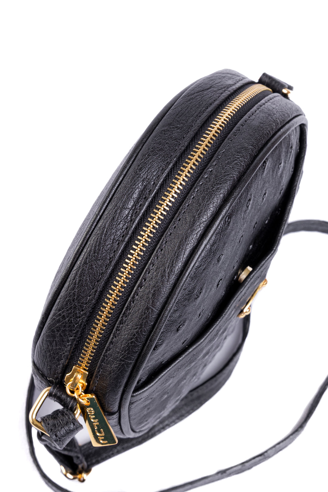 Bolsa Redonda Strut em Couro de Avestruz Cheio Preta DORO-004