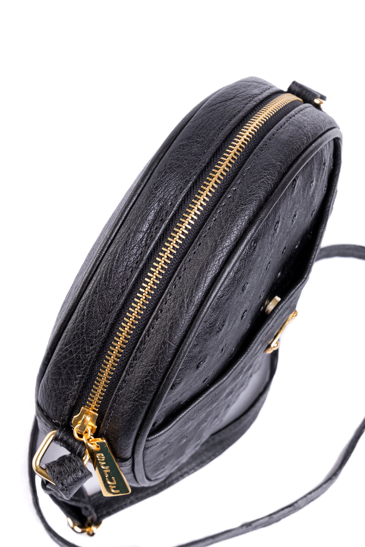 Bolsa Redonda Strut em Couro de Avestruz Cheio Preta DORO-004