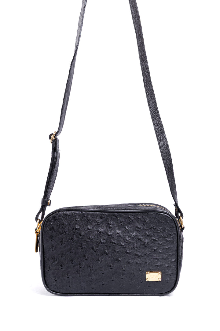 Bolsa Camera Bag Strut em Couro de Avestruz Cheio Preta DORO-003