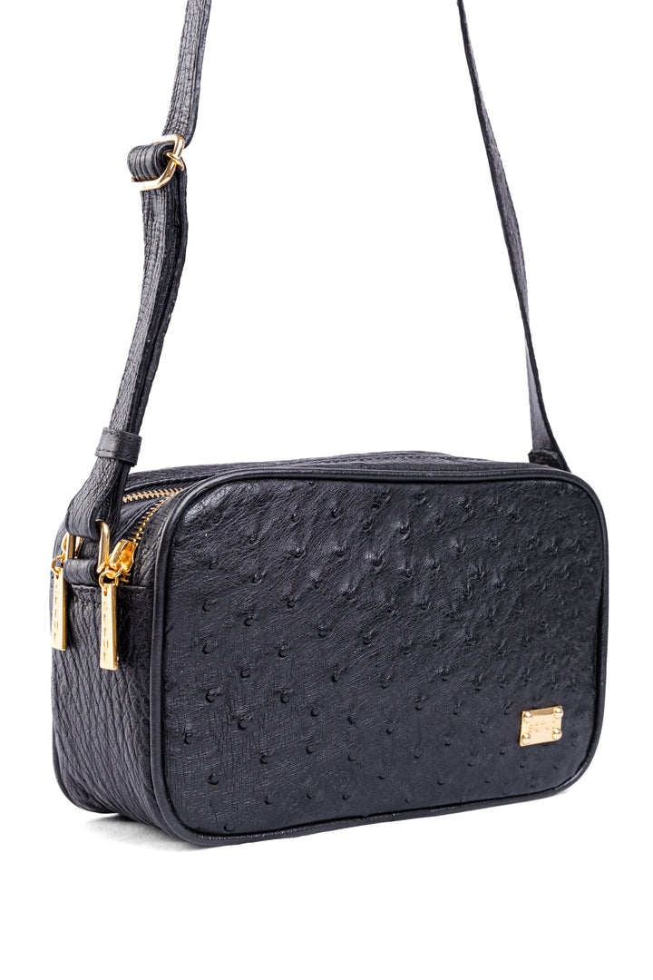 Bolsa Camera Bag Strut em Couro de Avestruz Cheio Preta DORO-003
