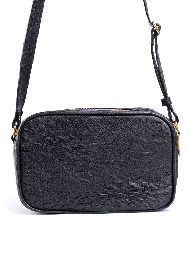 Bolsa Camera Bag Strut em Couro de Avestruz Cheio Preta DORO-003