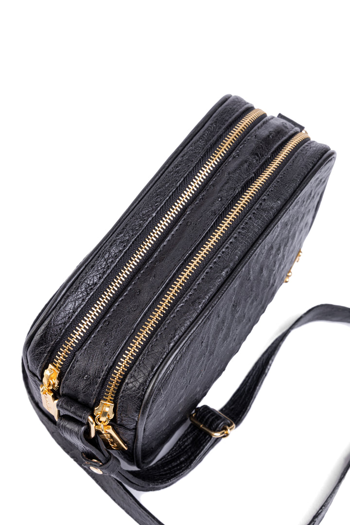 Bolsa Camera Bag Strut em Couro de Avestruz Cheio Preta DORO-003