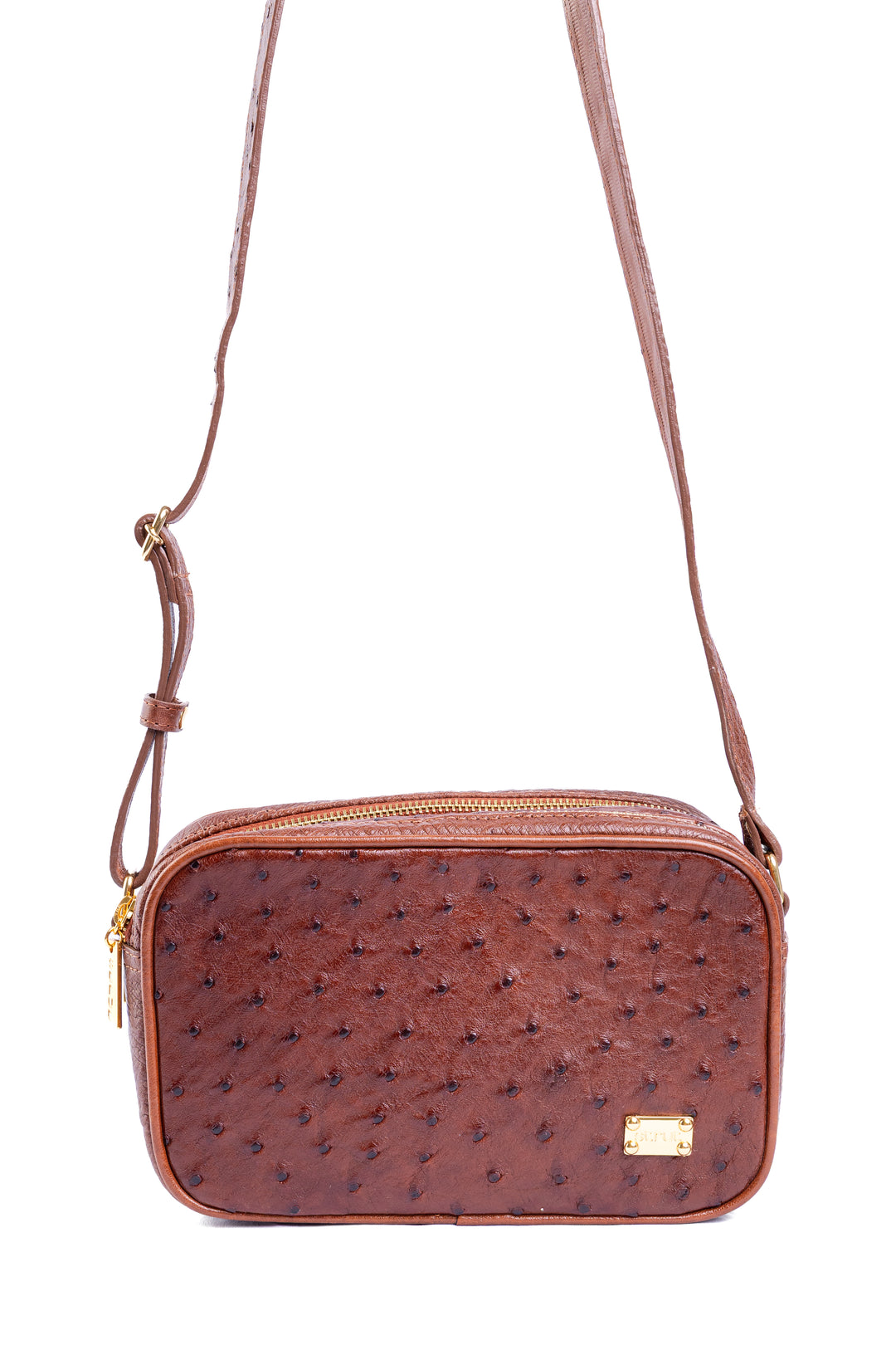 Bolsa Camera Bag Strut em Couro de Avestruz Cheio Caramelo DORO-003