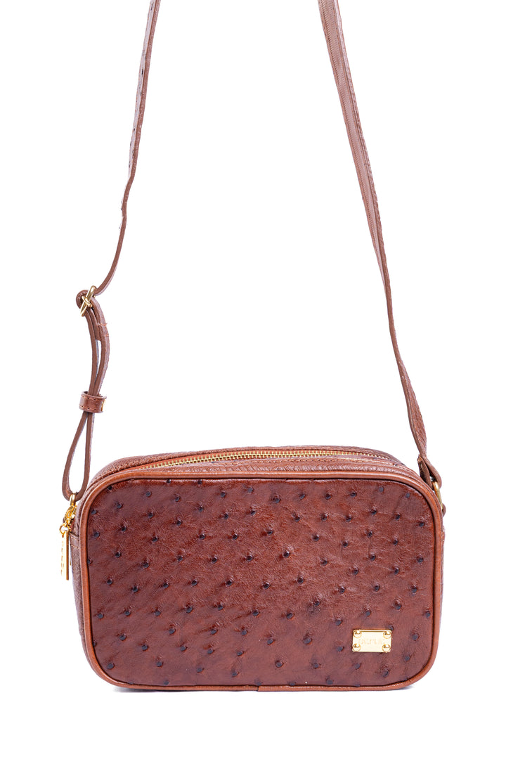 Bolsa Camera Bag Strut em Couro de Avestruz Cheio Caramelo DORO-003