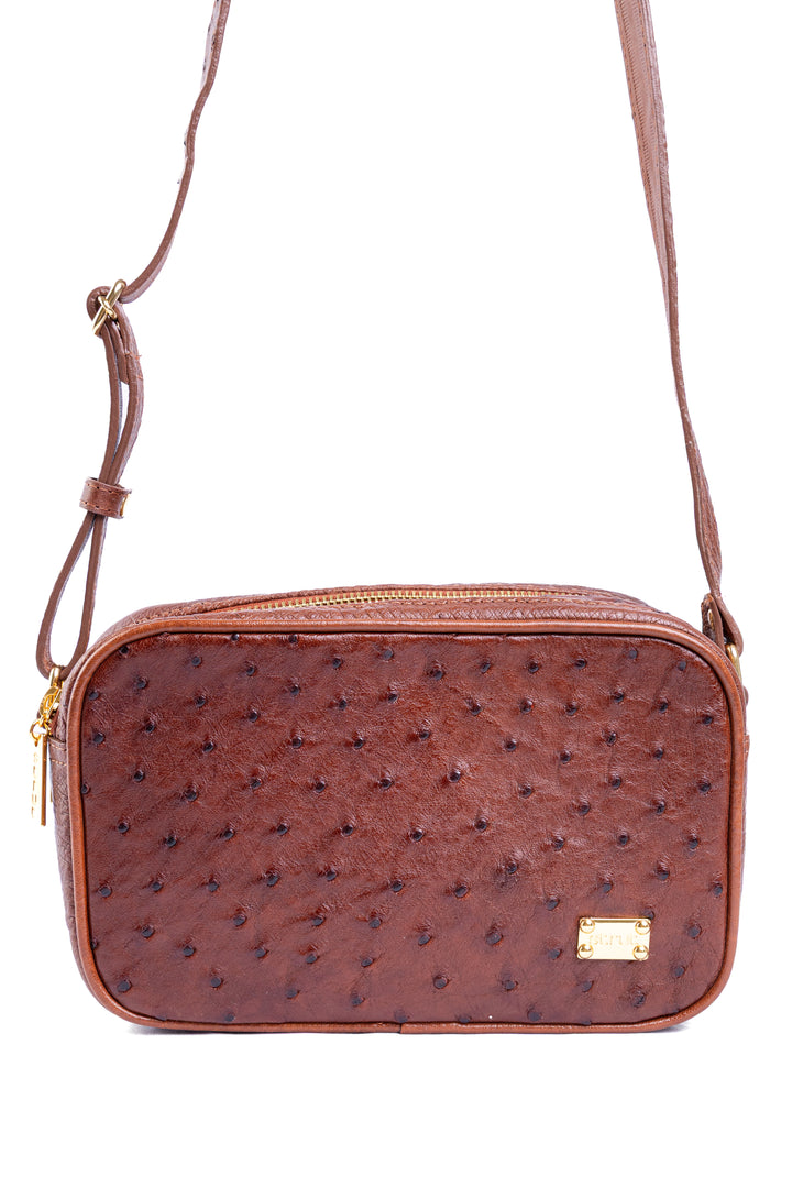 Bolsa Camera Bag Strut em Couro de Avestruz Cheio Caramelo DORO-003