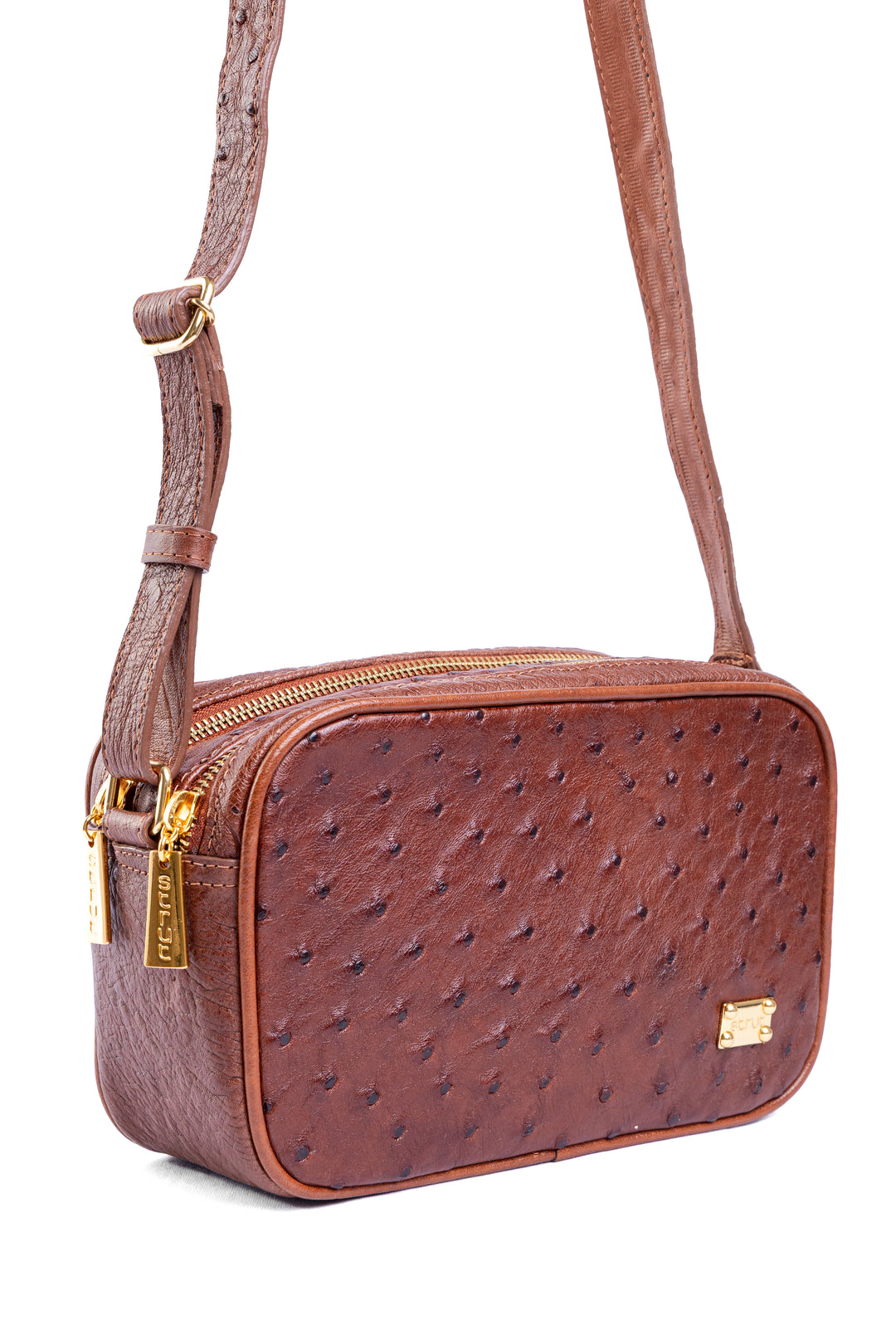 Bolsa Camera Bag Strut em Couro de Avestruz Cheio Caramelo DORO-003