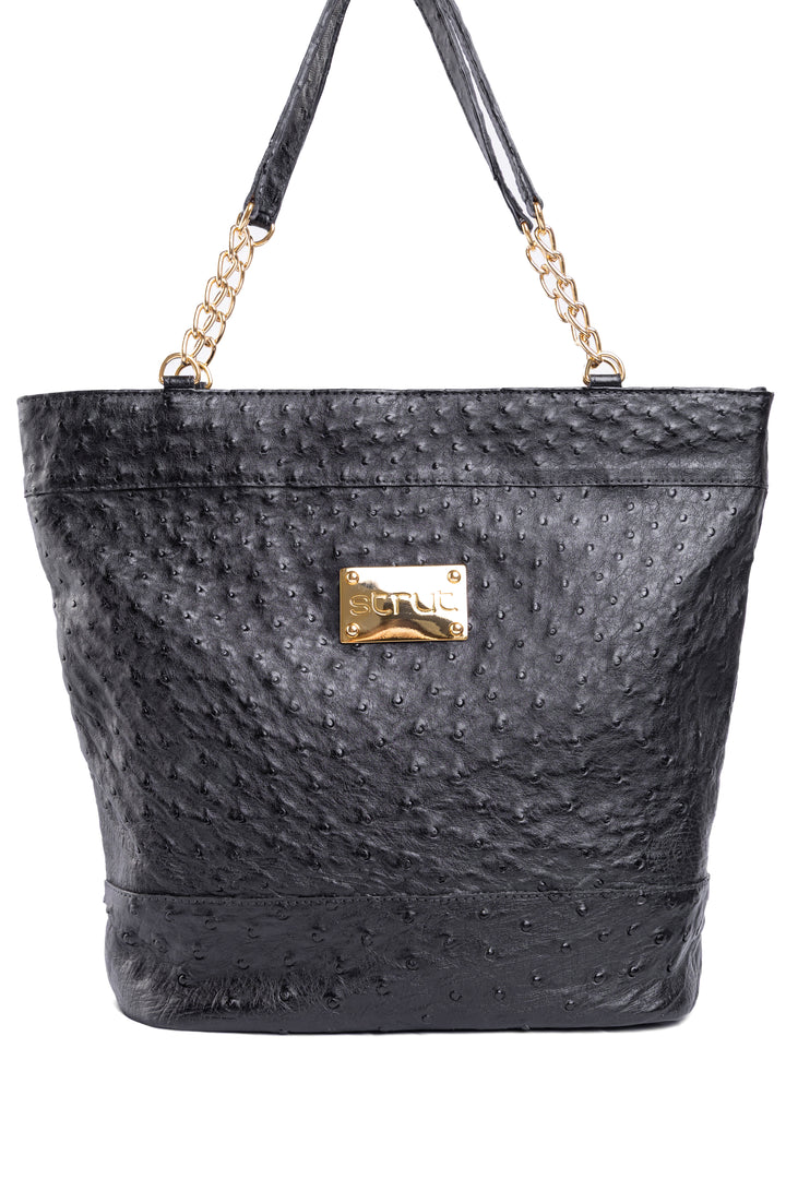 Bolsa Feminina em Couro de Avestruz Sacola Preta DORO-010