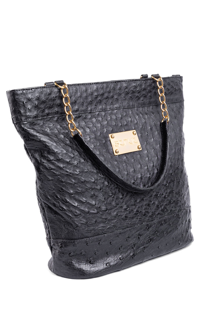 Bolsa Feminina em Couro de Avestruz Sacola Preta DORO-010