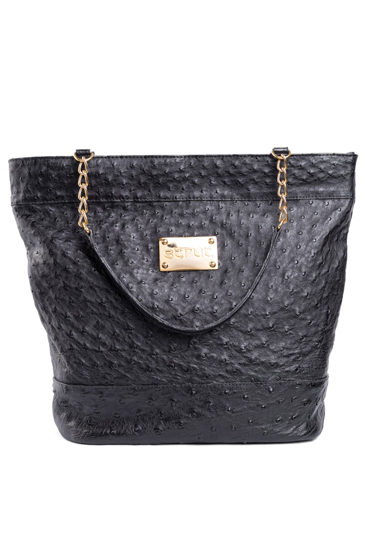 Bolsa Feminina em Couro de Avestruz Sacola Preta DORO-010
