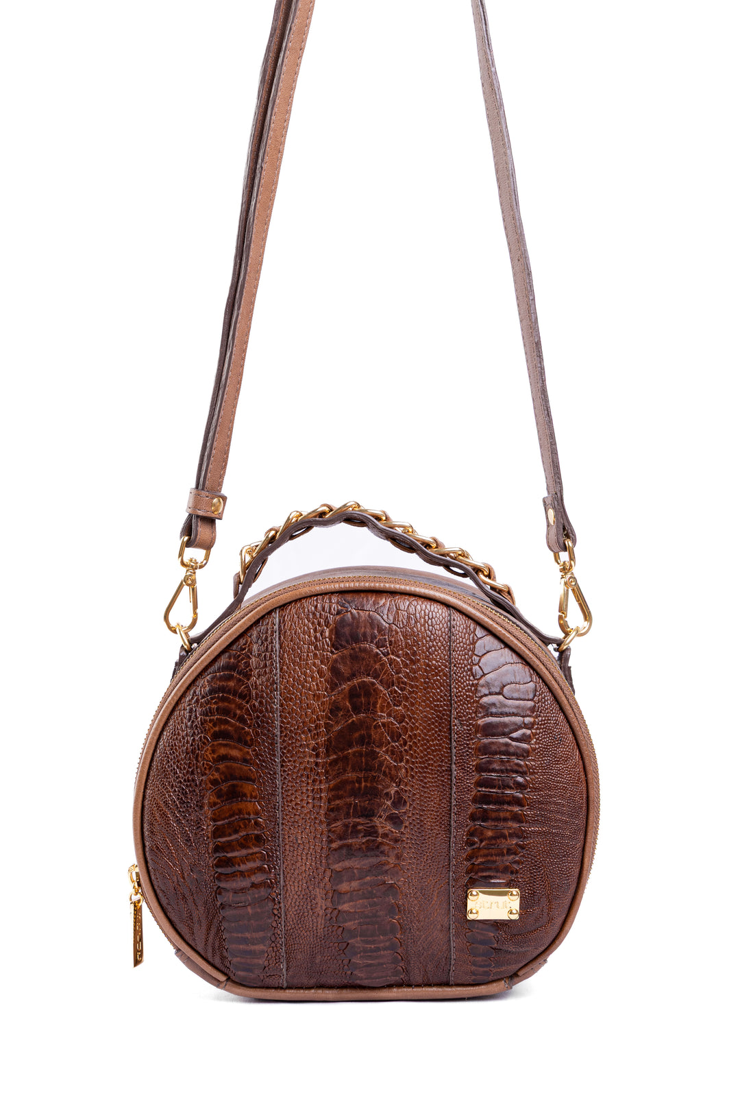 Bolsa Redonda Strut em Couro de Canela de Avestruz Tabaco DORO-032