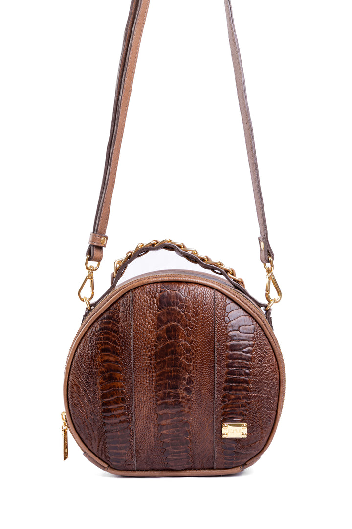 Bolsa Redonda Strut em Couro de Canela de Avestruz Tabaco DORO-032