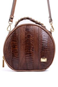 Bolsa Redonda Strut em Couro de Canela de Avestruz Tabaco DORO-032