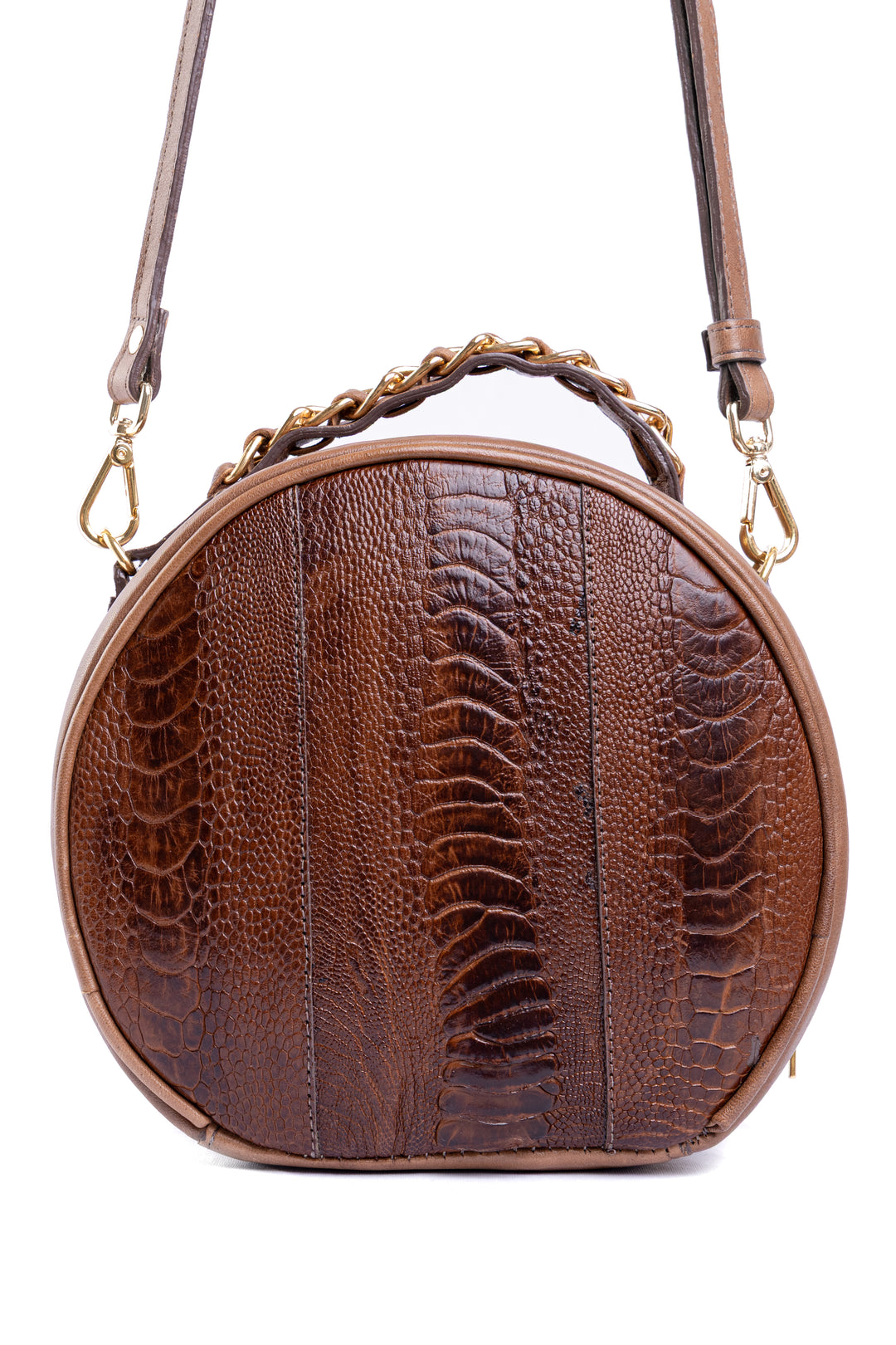 Bolsa Redonda Strut em Couro de Canela de Avestruz Tabaco DORO-032