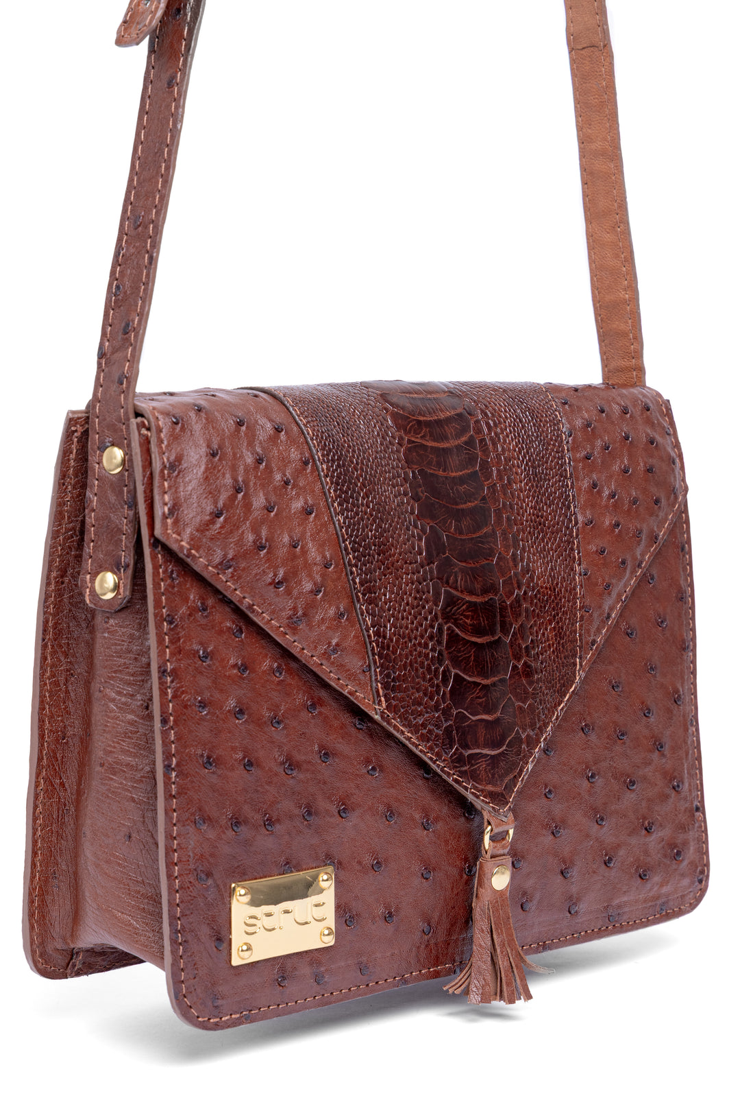 Bolsa feminina DORO020 couro avestruz cheio caramelo - vista completa