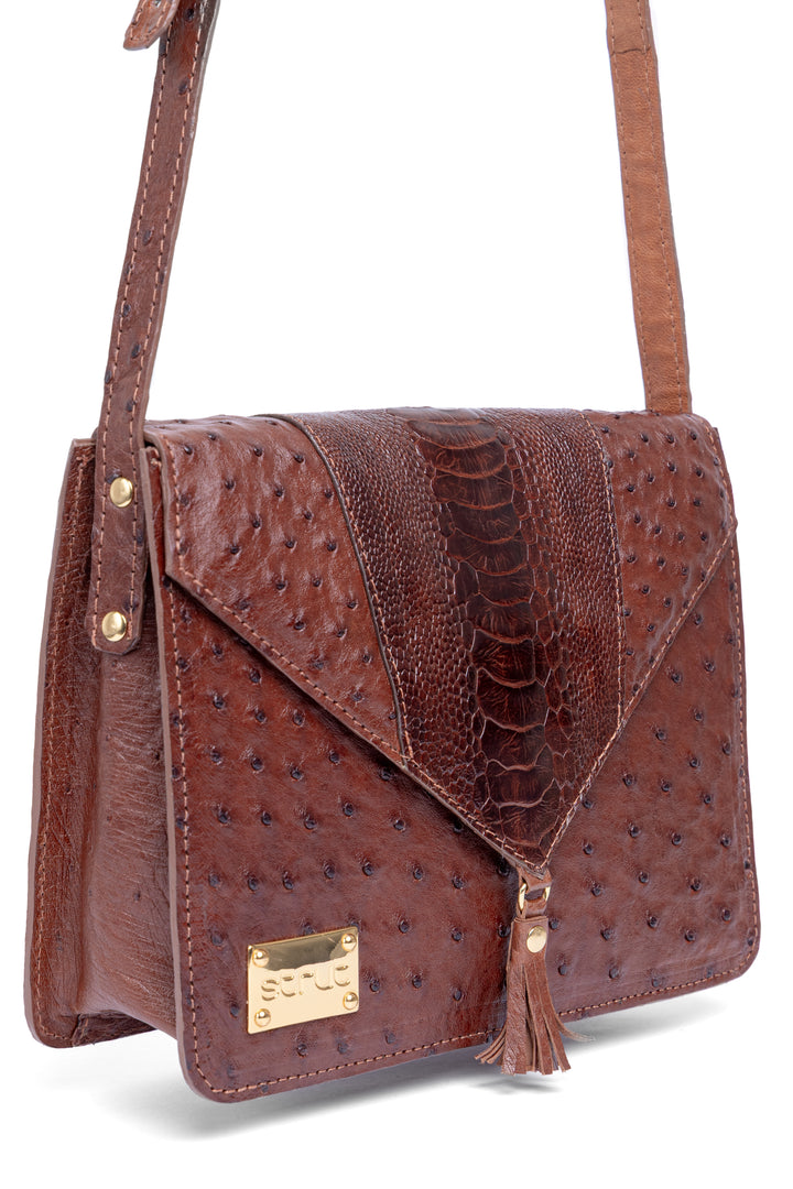 Bolsa feminina DORO020 couro avestruz cheio caramelo - vista completa