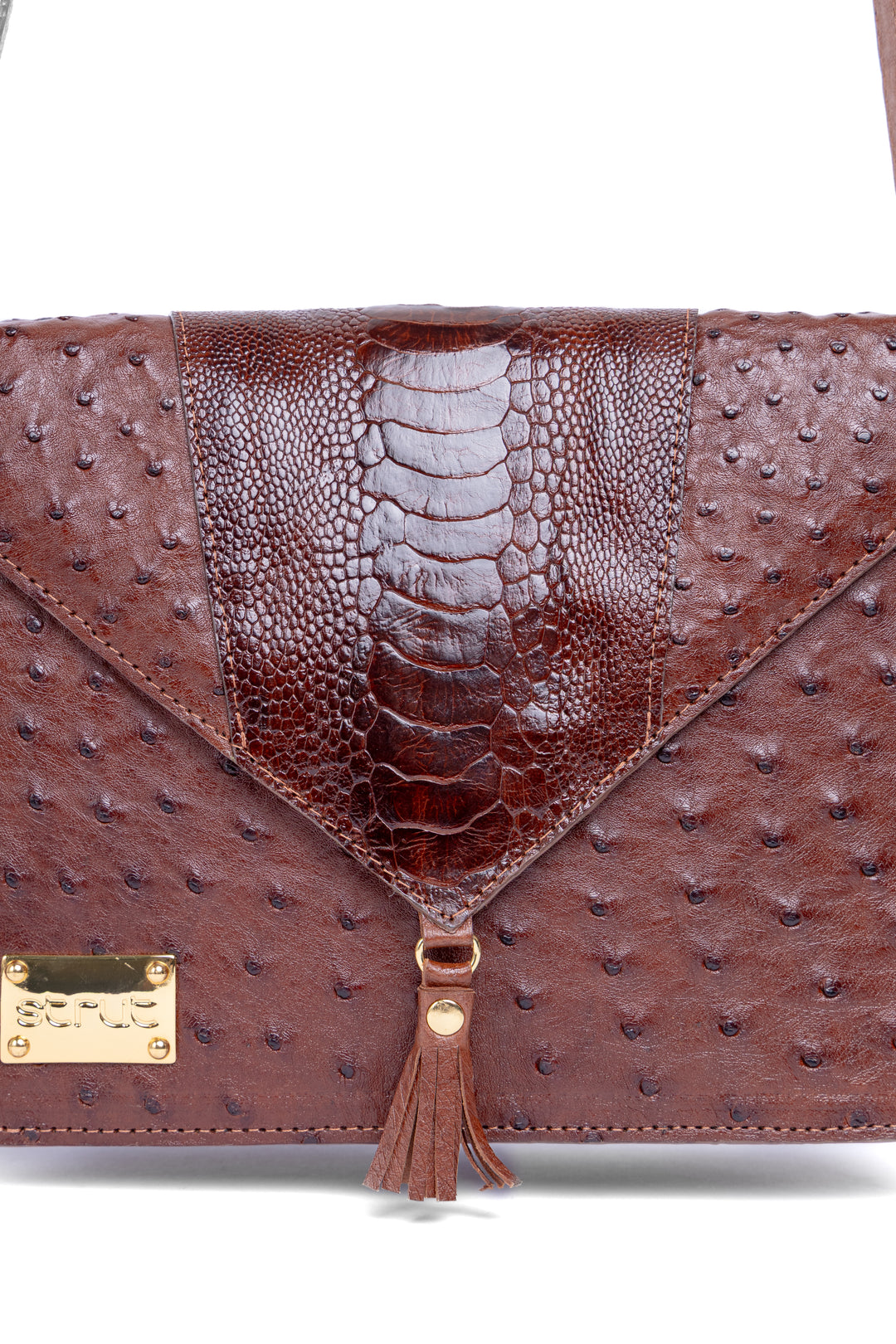 Bolsa feminina DORO020 em couro de avestruz cheio caramelo - vista frontal