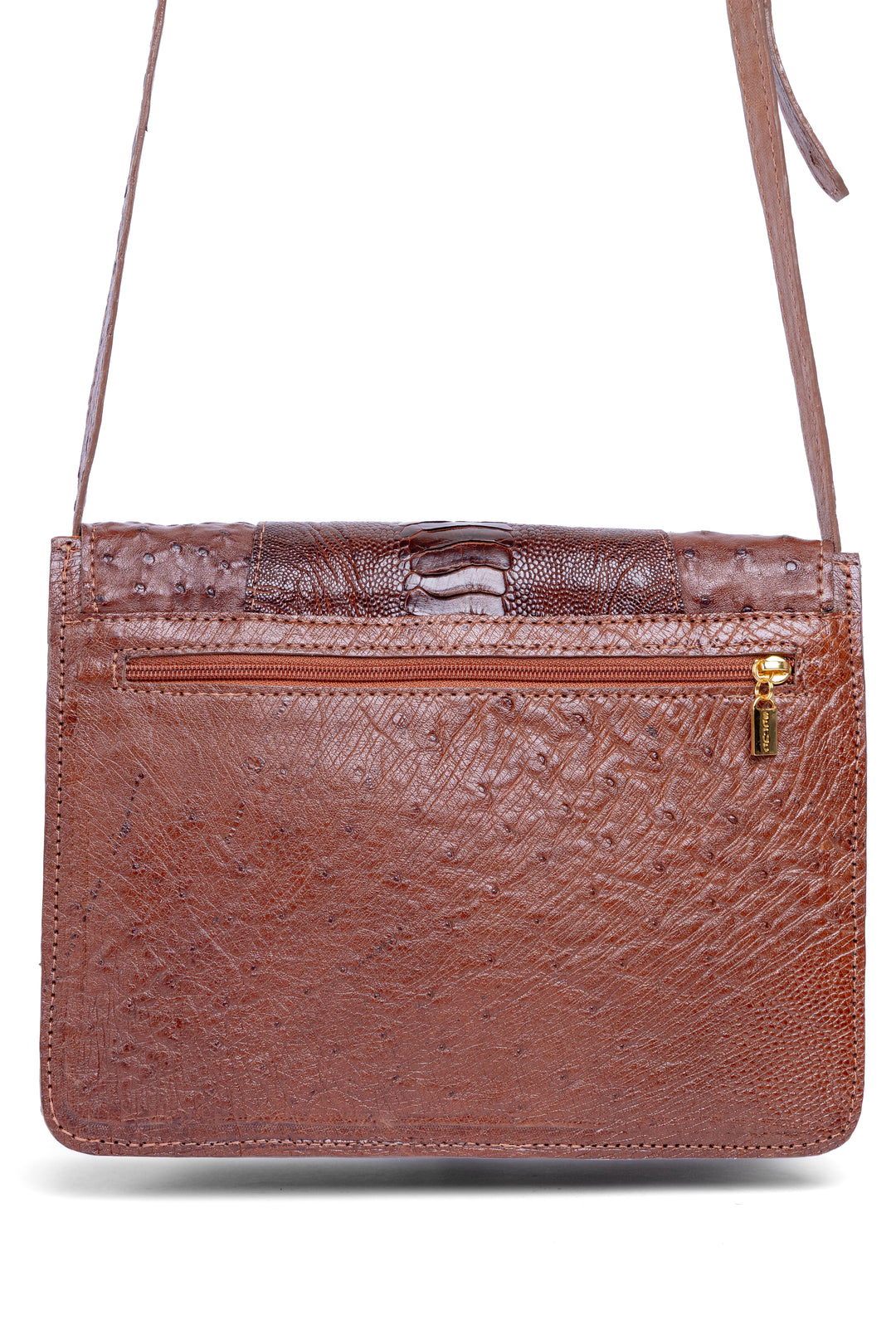 Bolsa feminina DORO020 em couro de avestruz - detalhe em canela