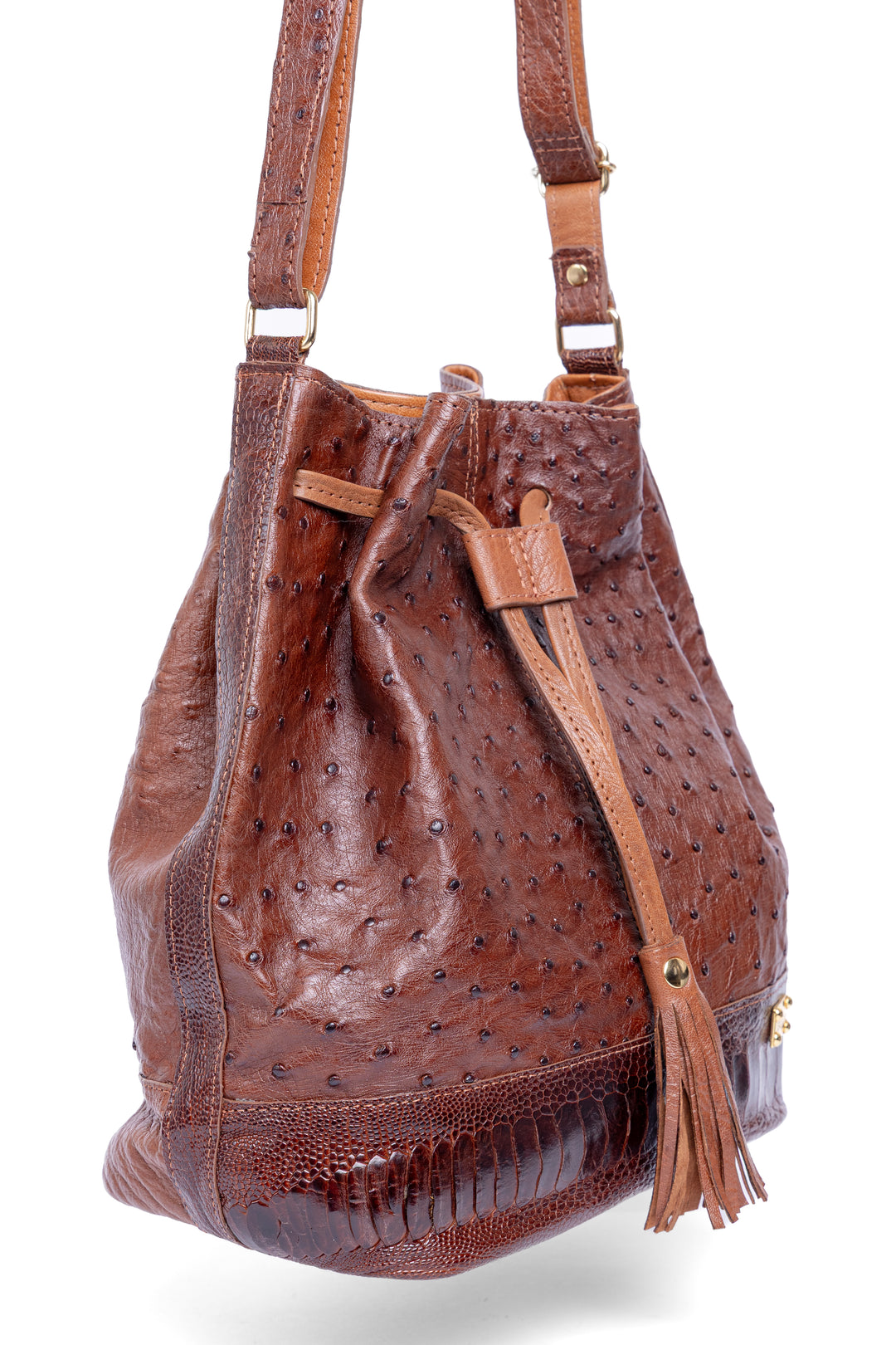 Bolsa feminina DORO014 caramelo couro de avestruz - detalhe em canela