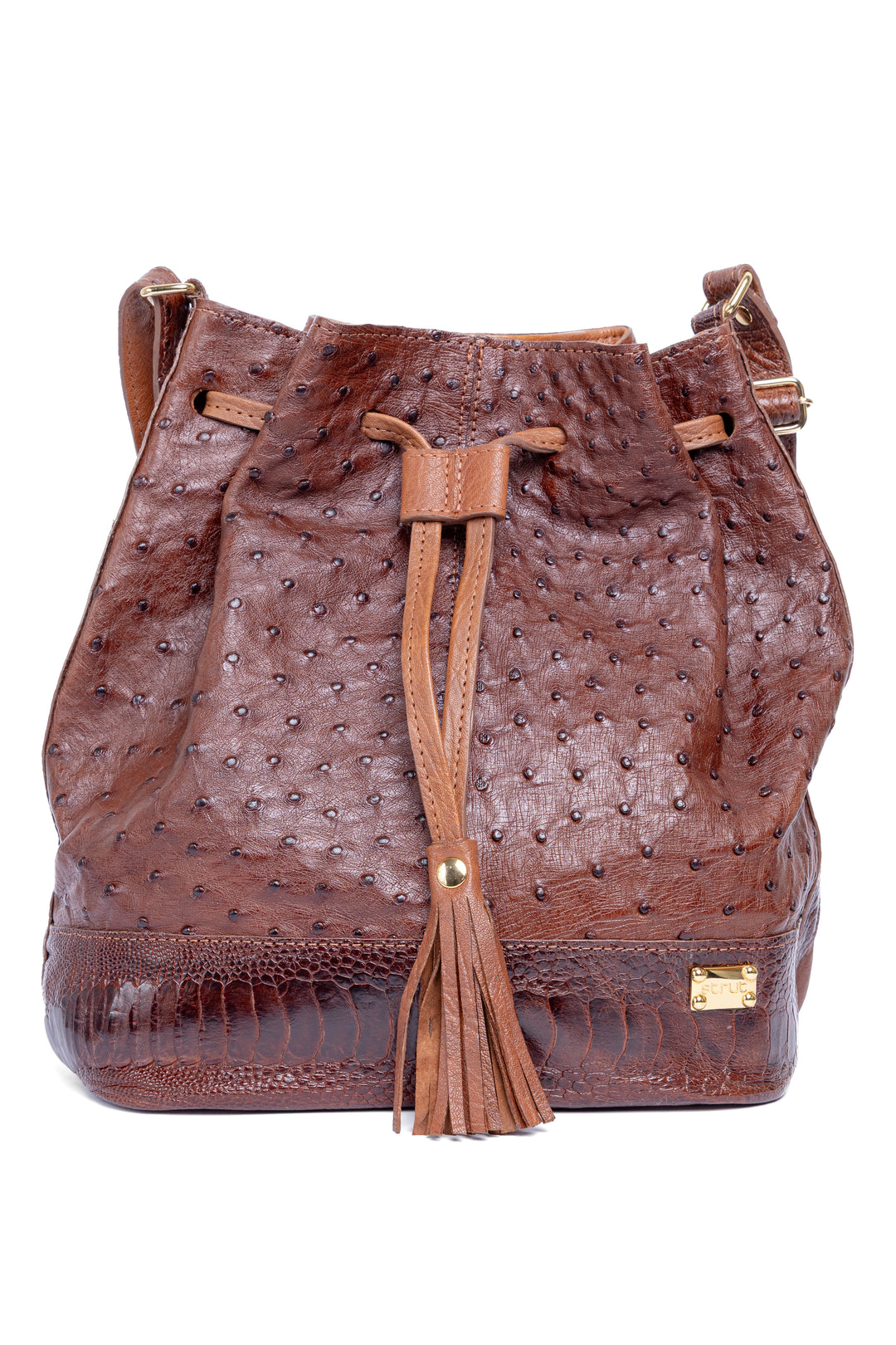 Bolsa feminina DORO014 em couro de avestruz cheio caramelo - vista frontal