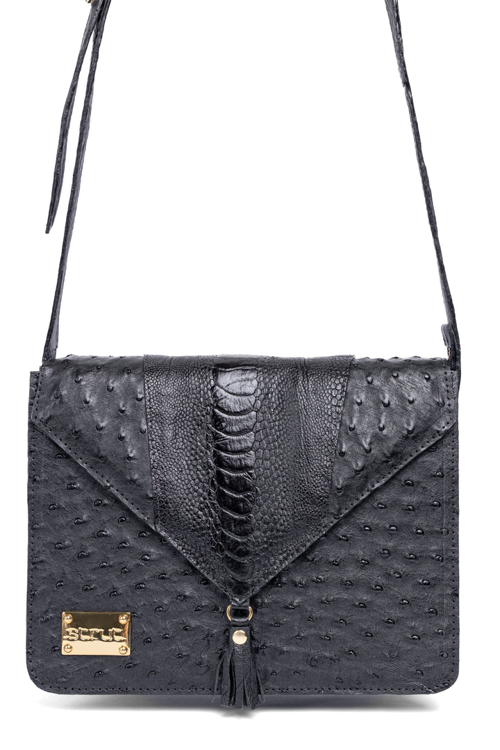 Bolsa Feminina em Couro de Avestruz Cheio com Detalhe em Canela Preto DORO020