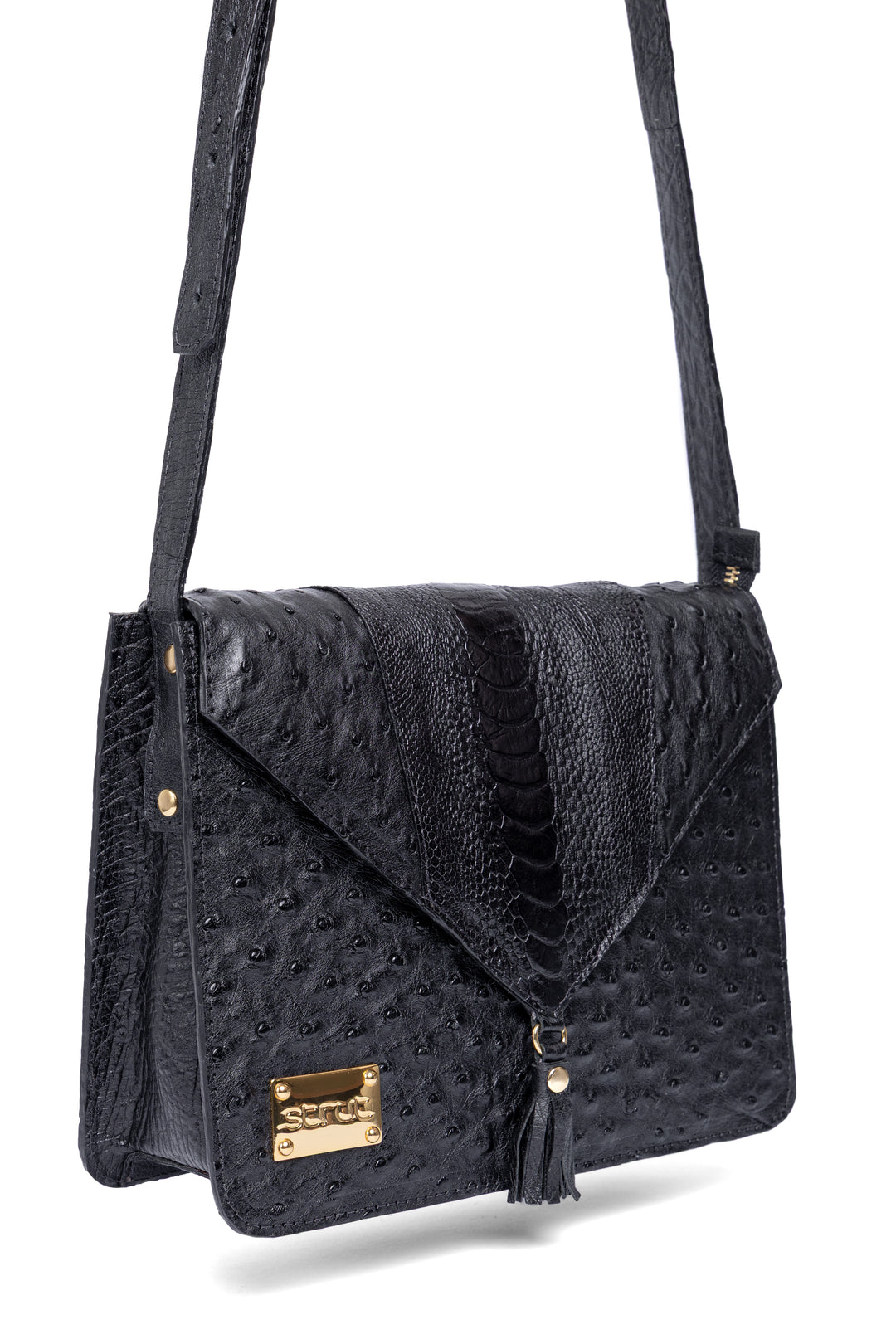 Bolsa feminina DORO020 em couro de avestruz cheio preto - vista frontal