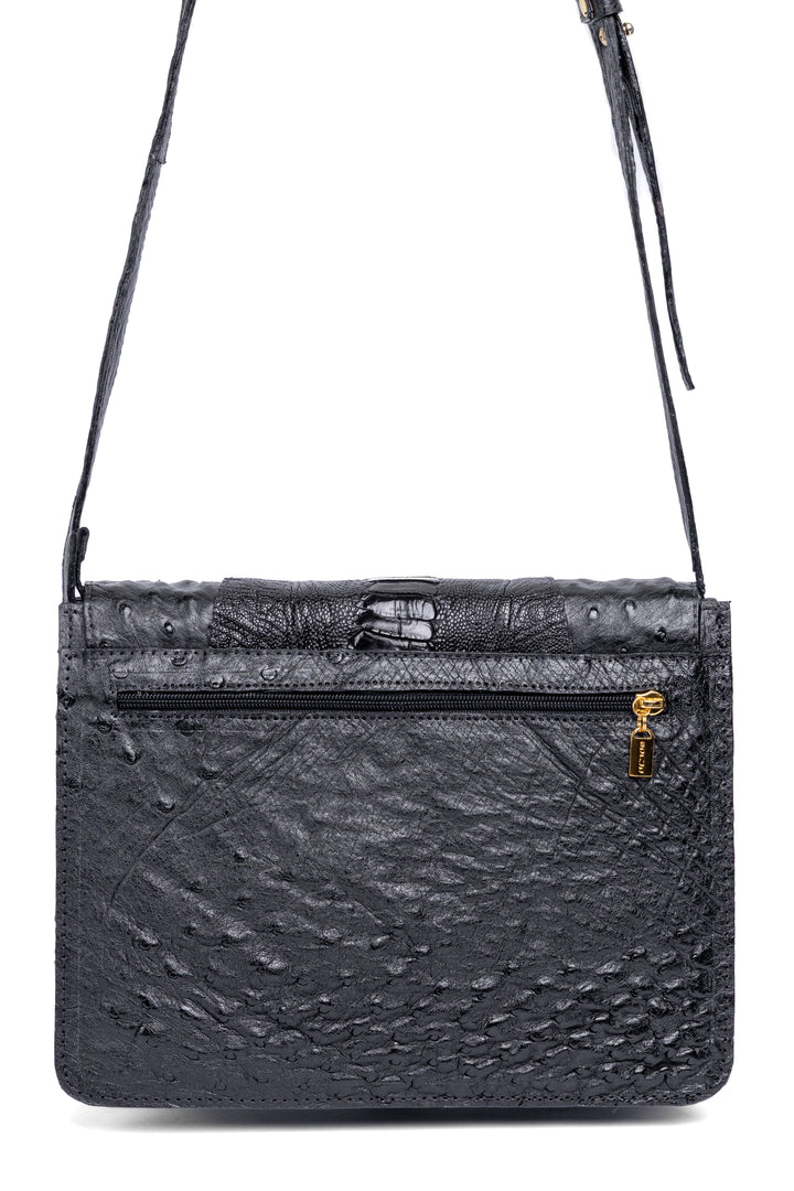 Bolsa feminina DORO020 preto couro avestruz - acabamento artesanal