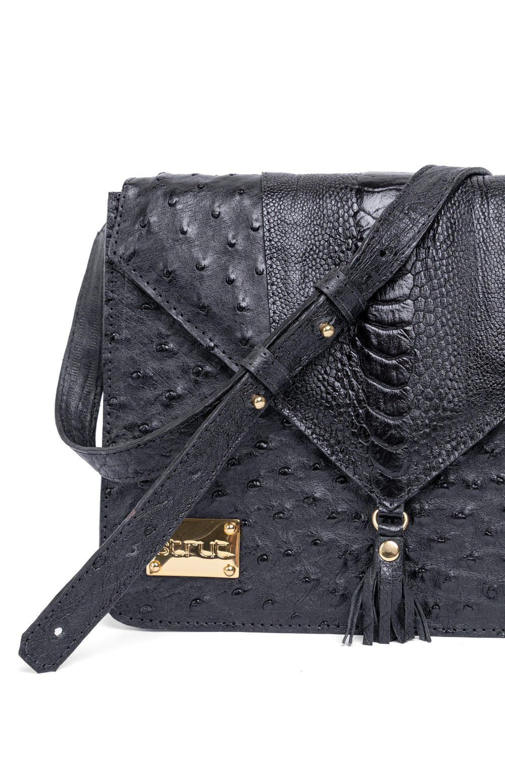 Bolsa feminina DORO020 couro avestruz cheio preto - vista completa