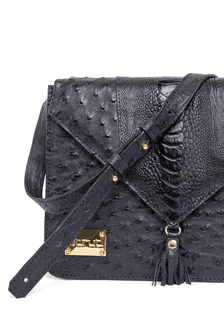 Bolsa feminina DORO020 couro avestruz cheio preto - vista completa