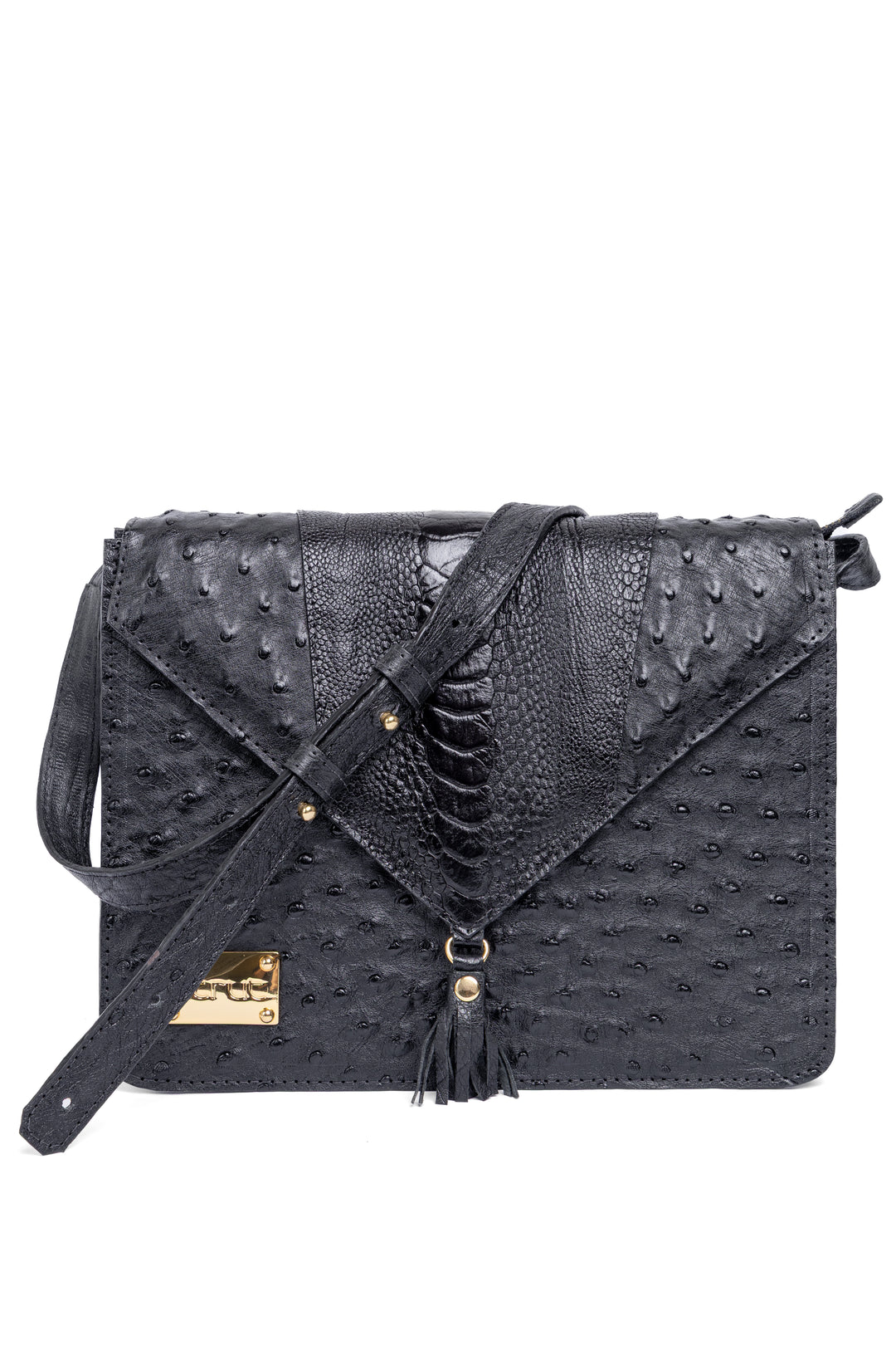 Bolsa feminina DORO020 preta couro de avestruz - detalhe em canela