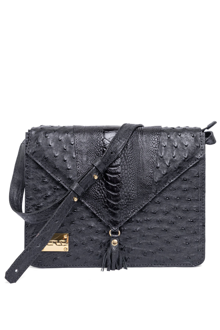 Bolsa feminina DORO020 preta couro de avestruz - detalhe em canela