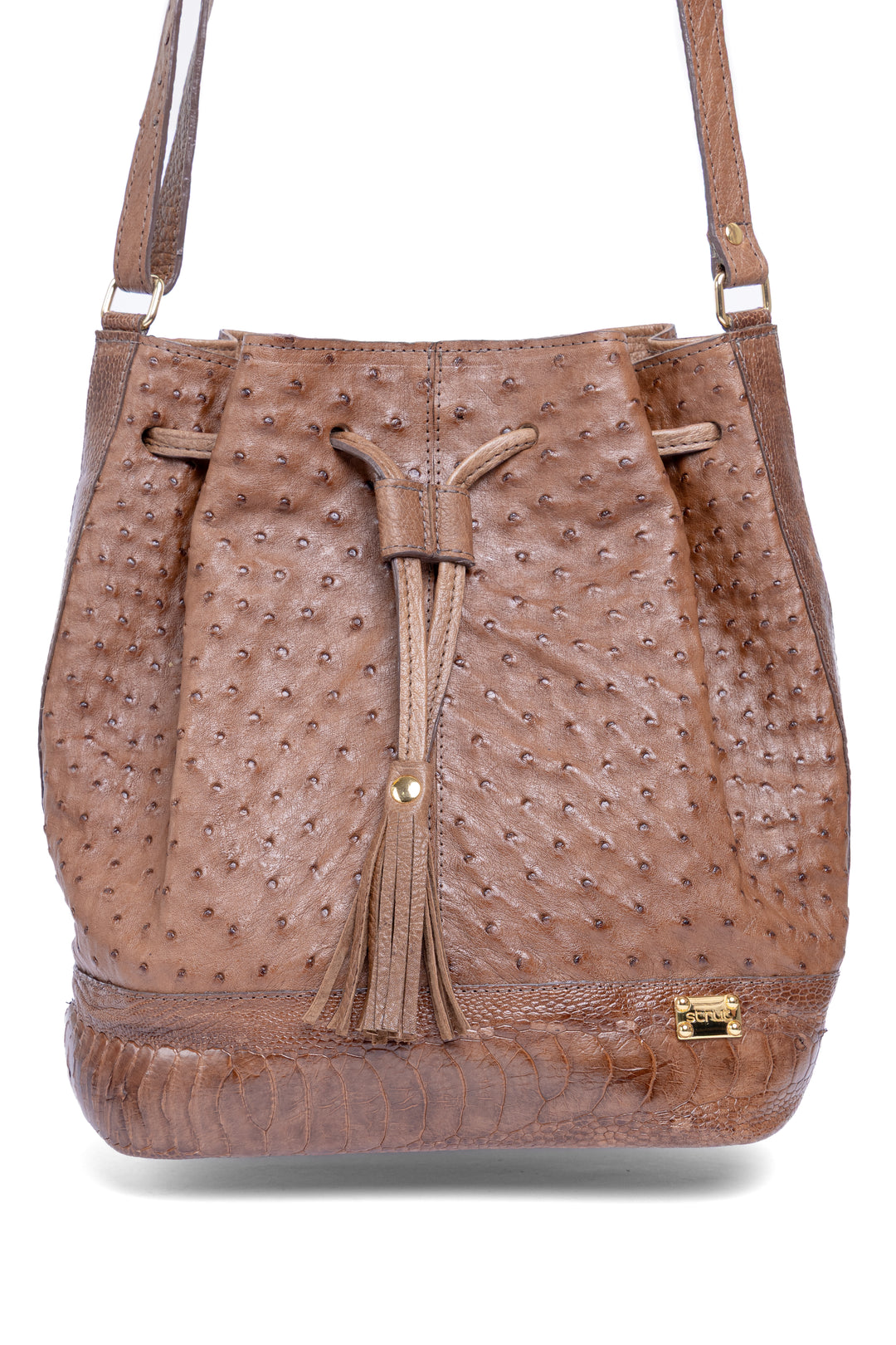 Bolsa feminina DORO014 em couro de avestruz cheio tabaco - vista frontal