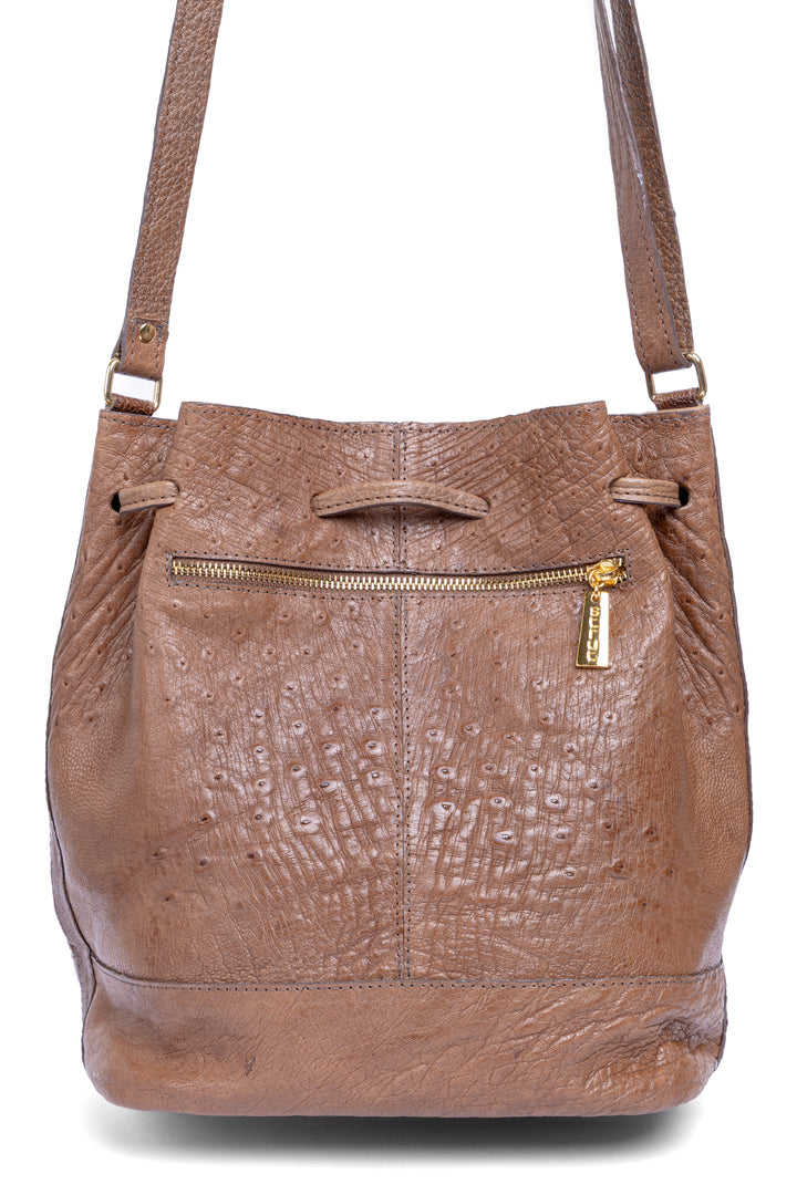 Bolsa feminina DORO014 tabaco couro de avestruz - detalhe em canela