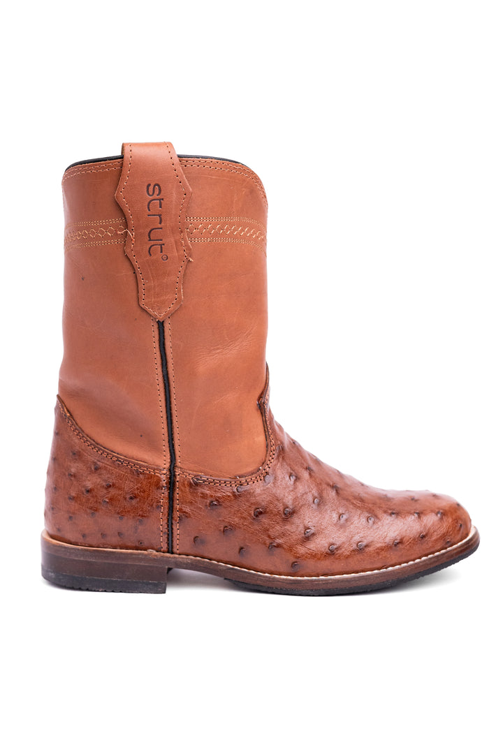 Bota Roper Masculina Strut em Couro de Avestruz Cheio Caramelo