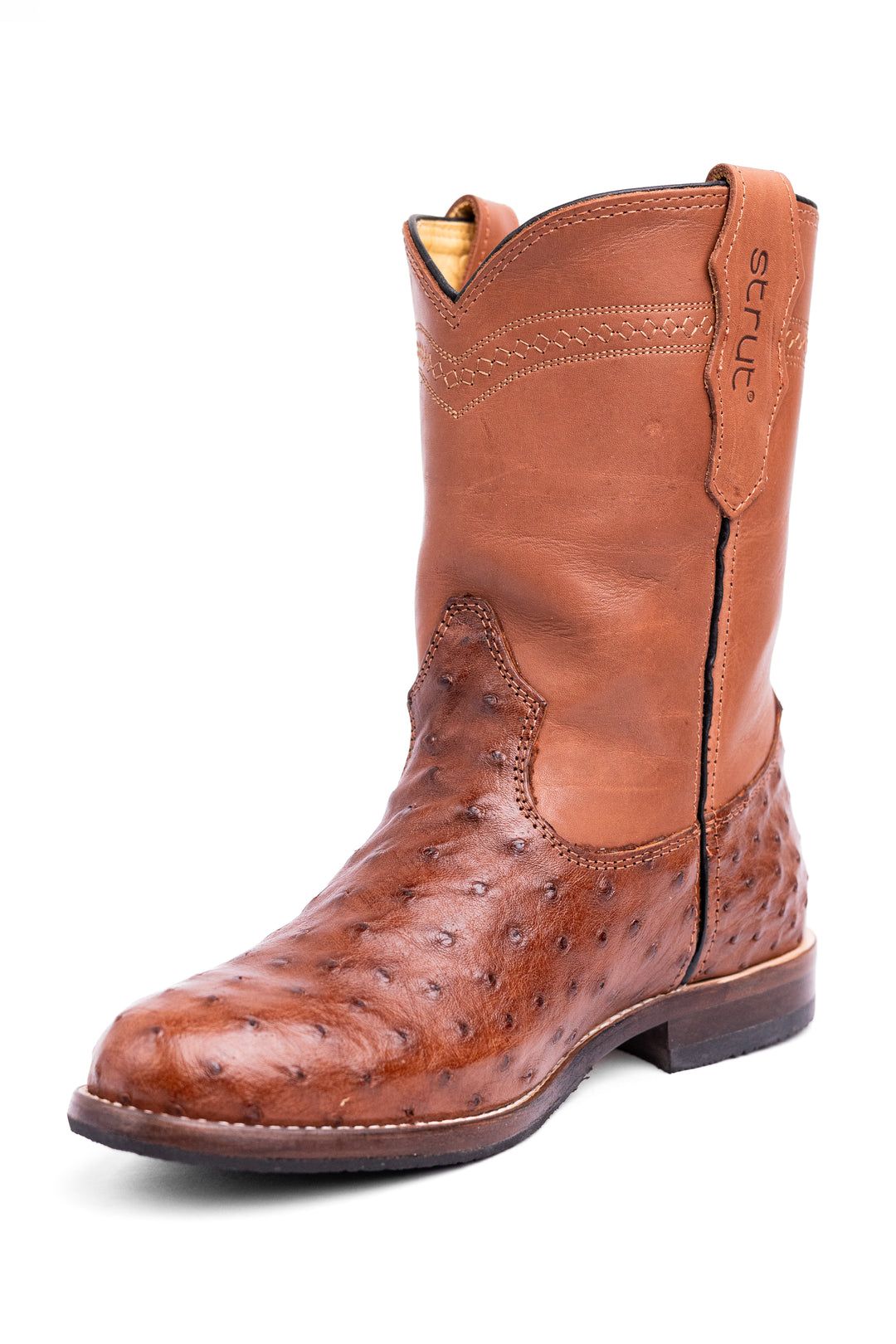 Bota Roper Masculina Strut em Couro de Avestruz Cheio Caramelo