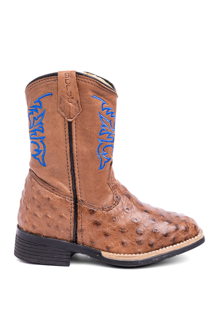 Bota Infantil Strut ST2002 em Couro de Avestruz Cheio Bico Quadrado Tabaco