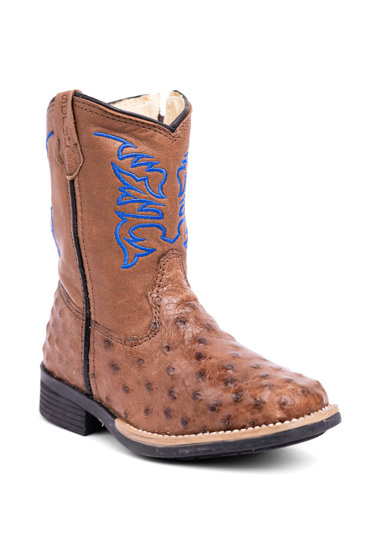 Bota Infantil Strut ST2002 em Couro de Avestruz Cheio Bico Quadrado Tabaco