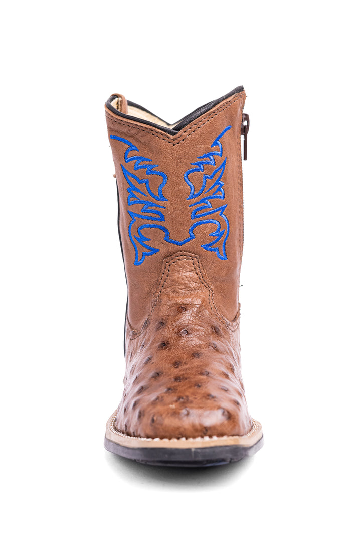 Bota Infantil Strut ST2002 em Couro de Avestruz Cheio Bico Quadrado Tabaco