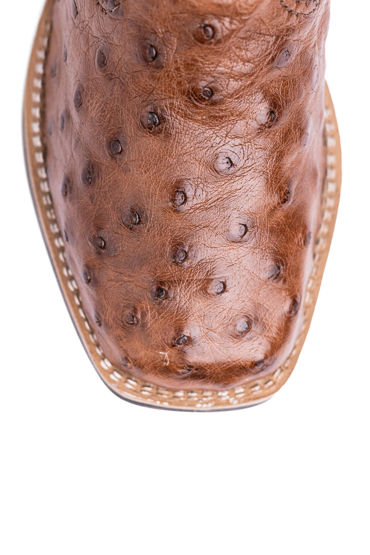 Bota Infantil Strut ST2002 em Couro de Avestruz Cheio Bico Quadrado Tabaco