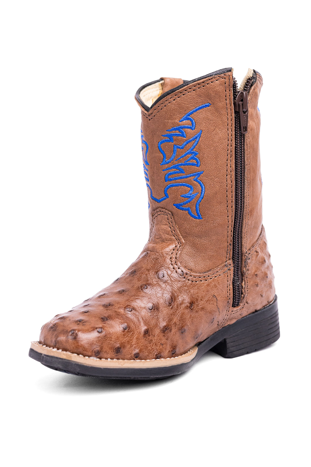 Bota Infantil Strut ST2002 em Couro de Avestruz Cheio Bico Quadrado Tabaco