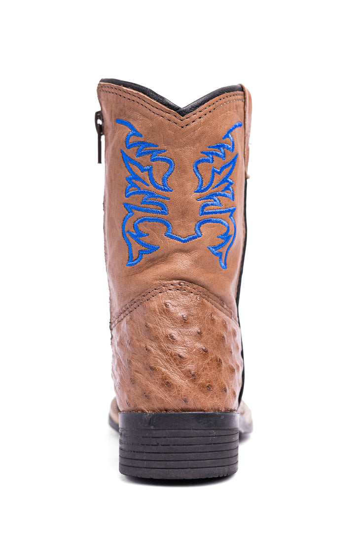 Bota Infantil Strut ST2002 em Couro de Avestruz Cheio Bico Quadrado Tabaco