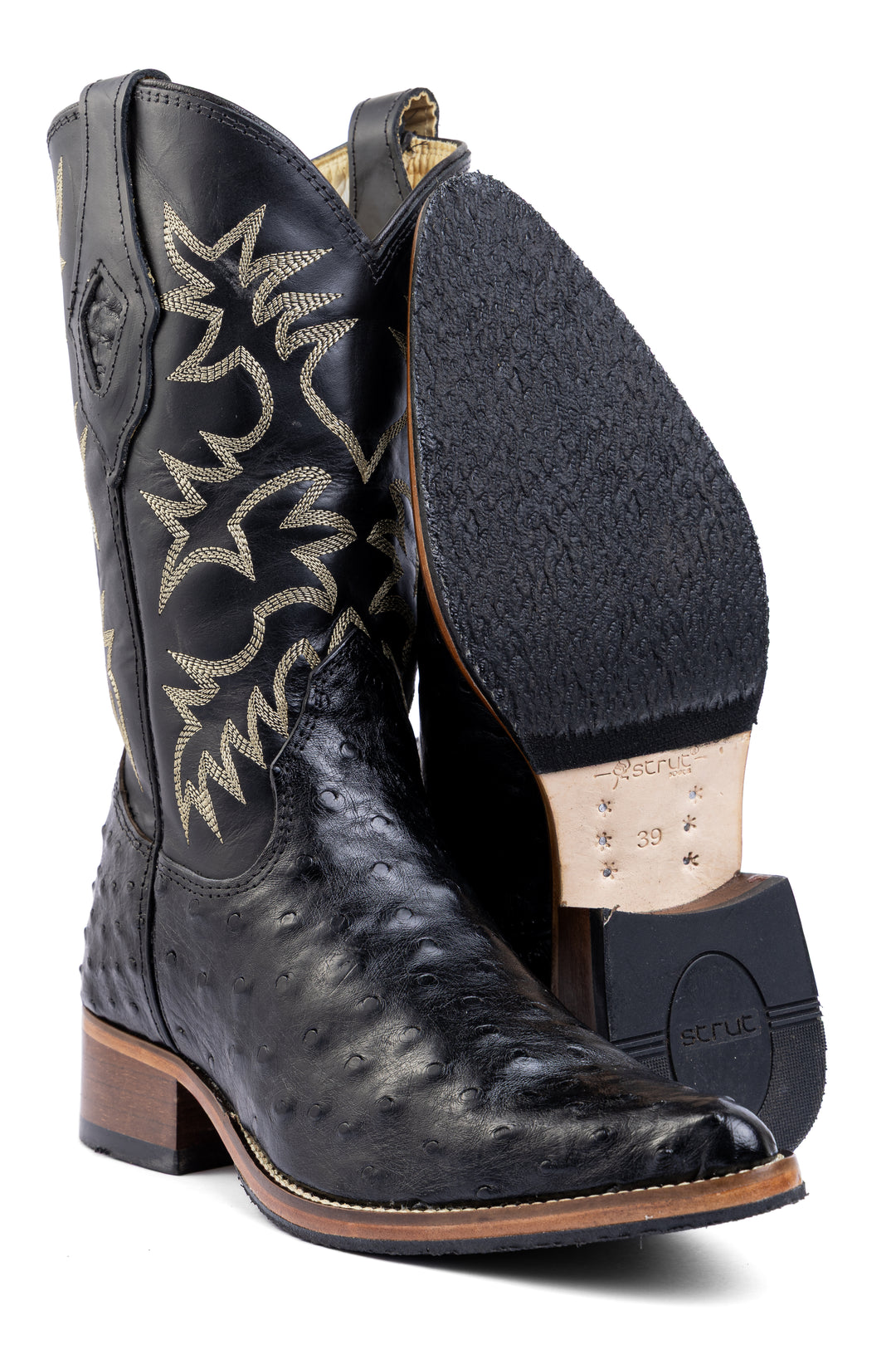 Bota masculina bico fino couro de avestruz legítimo preta - Strut