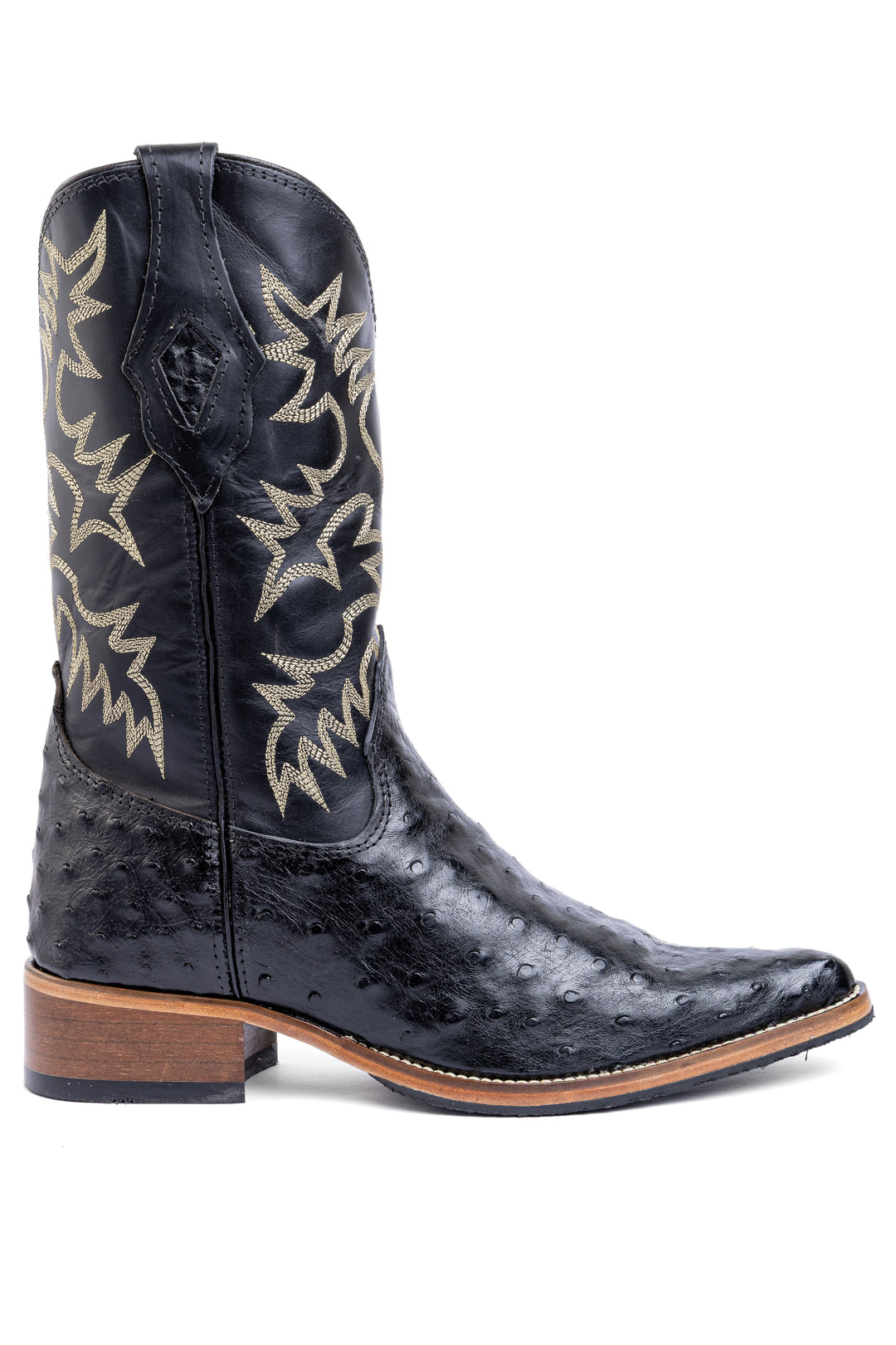 Bota masculina preta bico fino couro de avestruz vista lateral - Strut