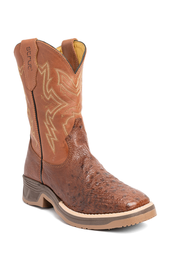 Bota masculina Strut em couro de avestruz caramelo com bico quadrado e solado Jump