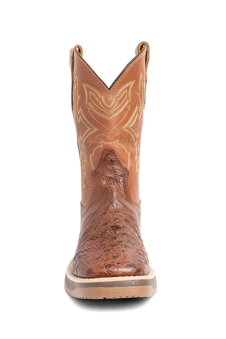 Cano com bordado western da bota masculina Strut em couro de avestruz caramelo