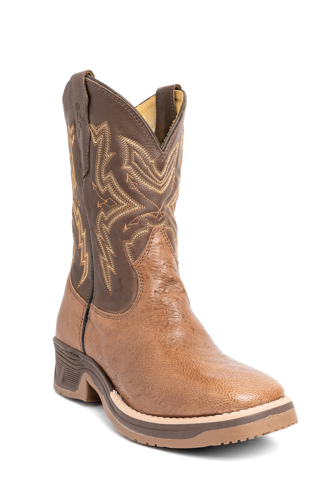 Bota masculina Strut em couro de avestruz liso tabaco com bico quadrado e solado Jump